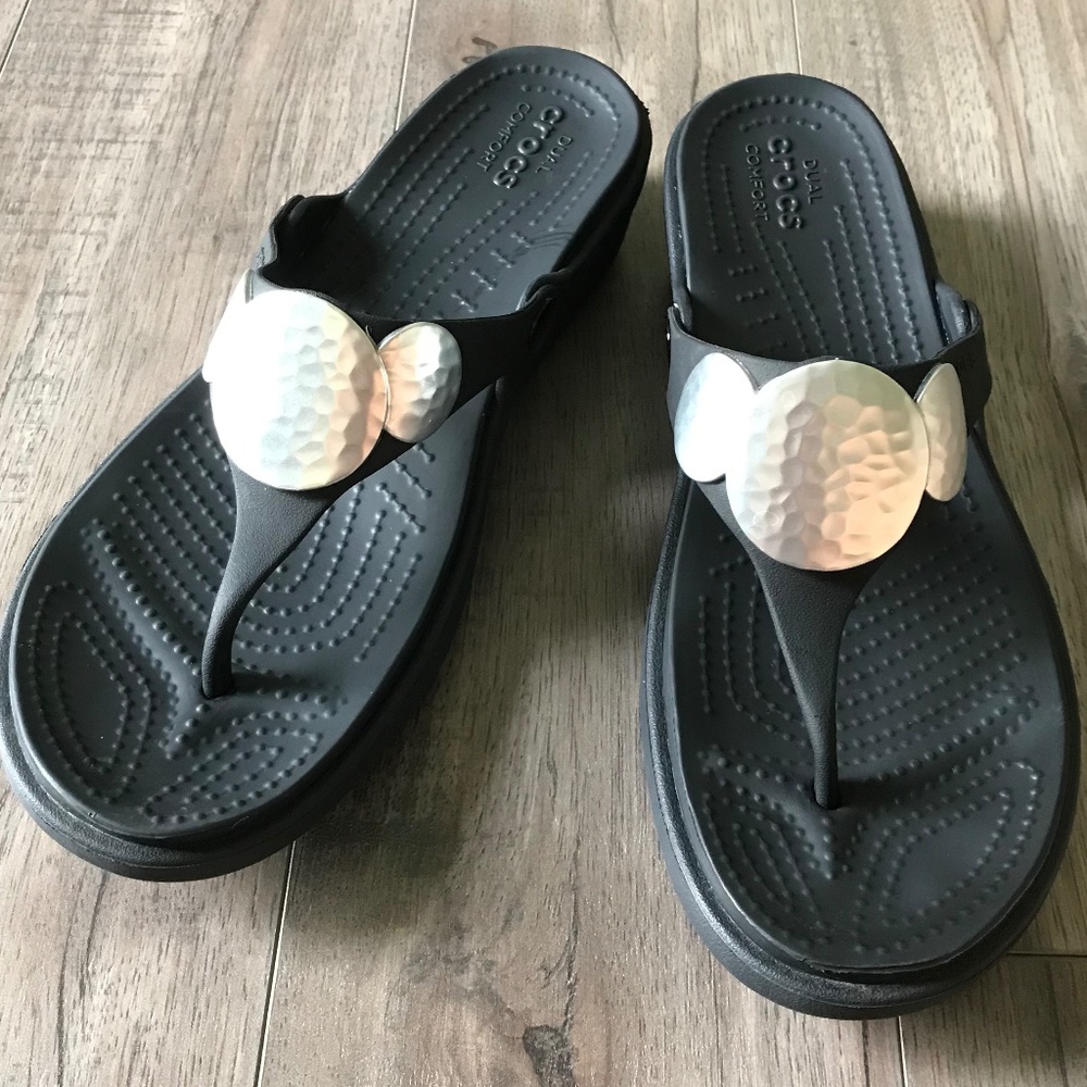 Crocs Sandals Black W 3 Silver Metallic Circles